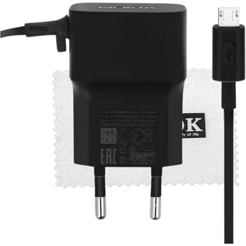 Caricabatterie originale per AC-18E per Nokia 105,106,110, 207, 208, 210, 215, 216, 220, 225, 230, Asha 301, 503 Cavo di ricarica Micro USB, caricatore di rete nero con panno di pulizia Shlok - Funzionalità e accessori